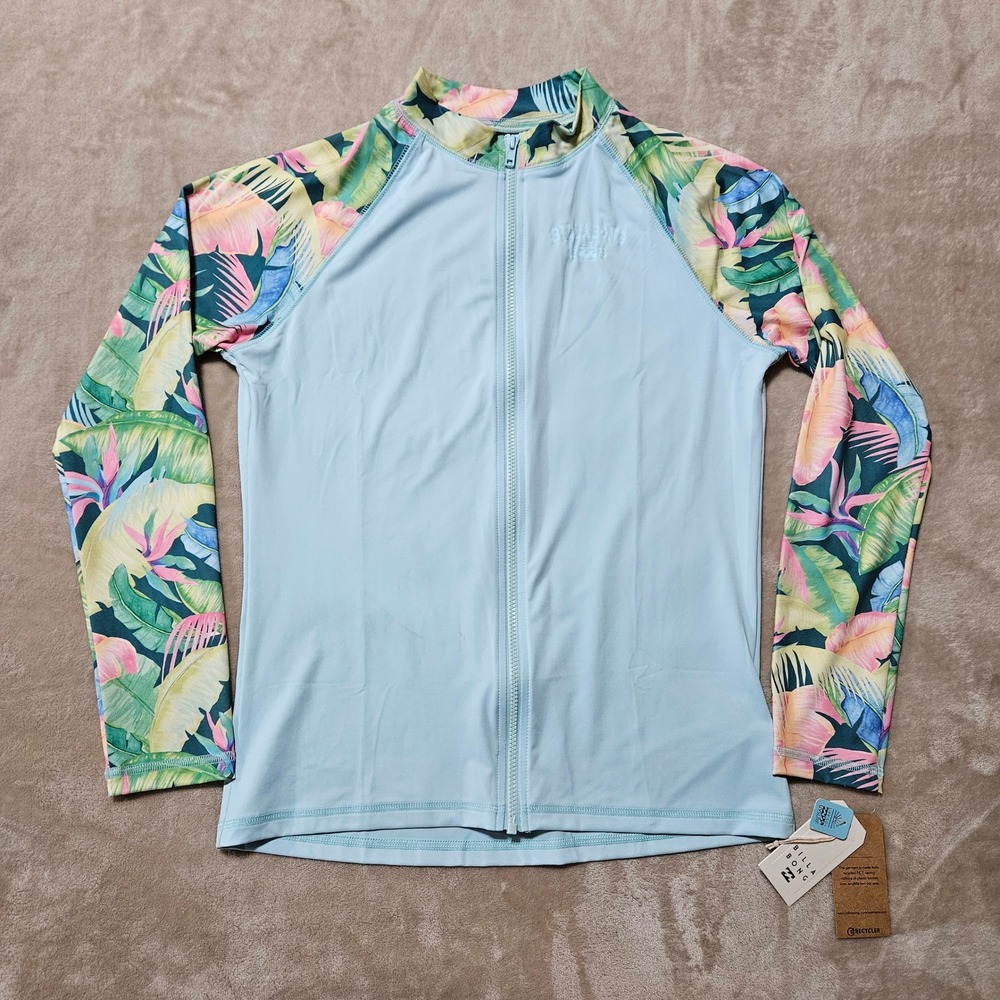 Billabong Womens XL Core Long Sleeve Zip Rash Guard Tropical Floral Blue New